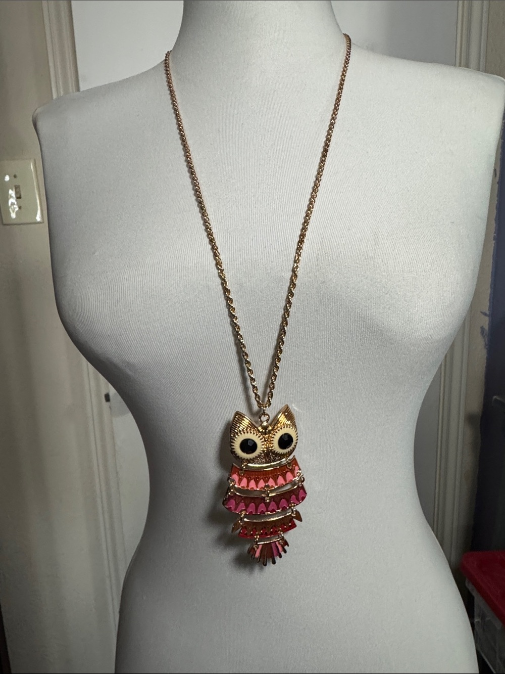 Gold and Pink Owl Pendant Necklace